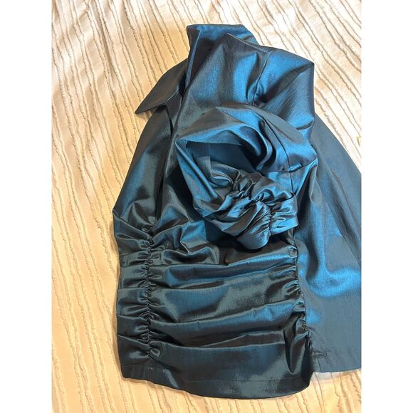 Vintage Tadashi Iridescent Blue Taffeta Rouching V Neck Women's Long Sleeve Top - Picture 4 of 6